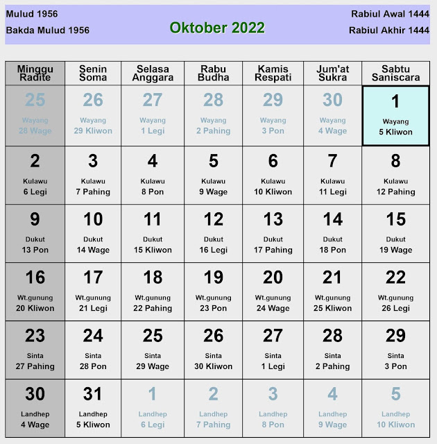 kalender jawa oktober 2022