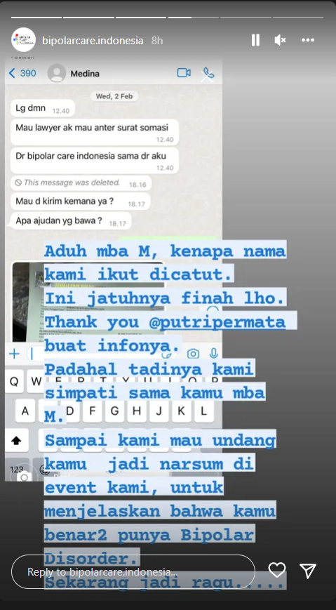 Tangakapan layar Medina Zein mencatut nama Bipolar Care Indonesia untuk menyampaikan ancaman. (Instagram/@bipolarcare.indonesia)
