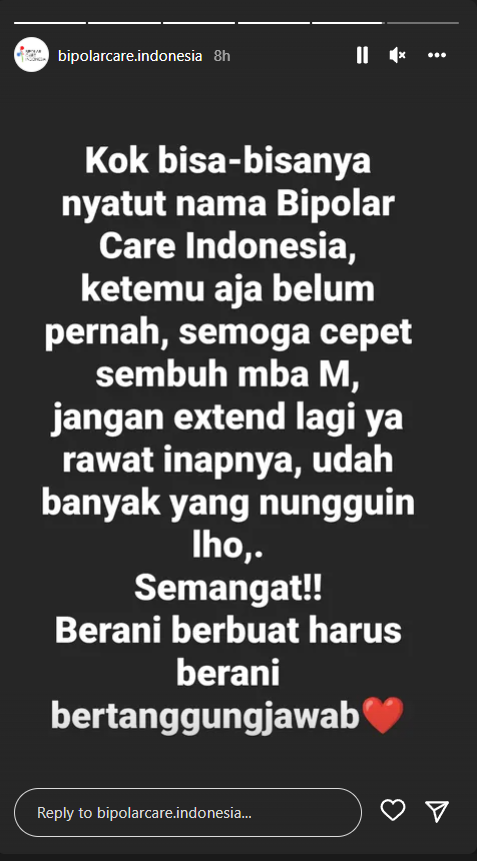 Bipolar Care Indonesia menanggapi sikap Medina Zein yang mencatut nama mereka untuk menyampaikan ancaman. (Instagram/@bipolarcare.indonesia)
