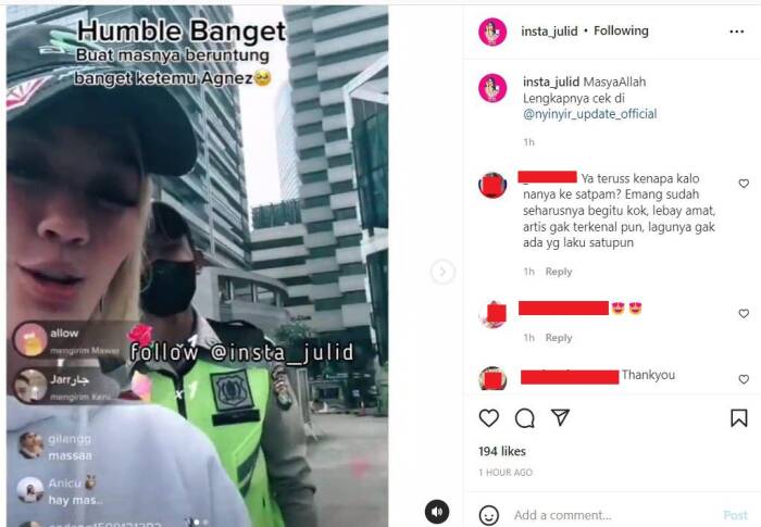Seorang netizen yang terlihat nyinyir dalam video Agnez Mo berbincang dengan seorang Satpam. (Instagram/insta_julid).