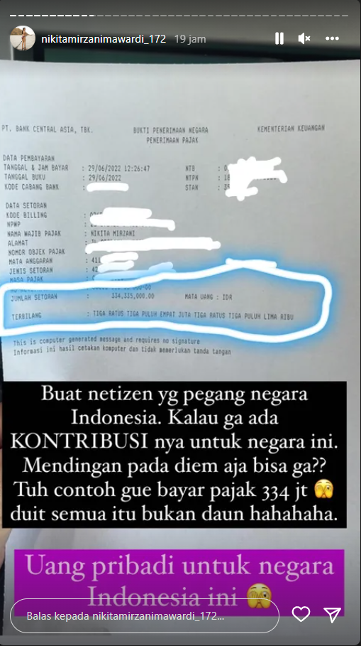 Lembar bukti pembayaran pajak Nikita Mirzani yang bernilai ratusan juta. (Instagram/@nikitamirzanimawardi_172) Lembar bukti pembayaran pajak Nikita Mirzani yang bernilai ratusan juta. (Instagram/@nikitamirzanimawardi_172)