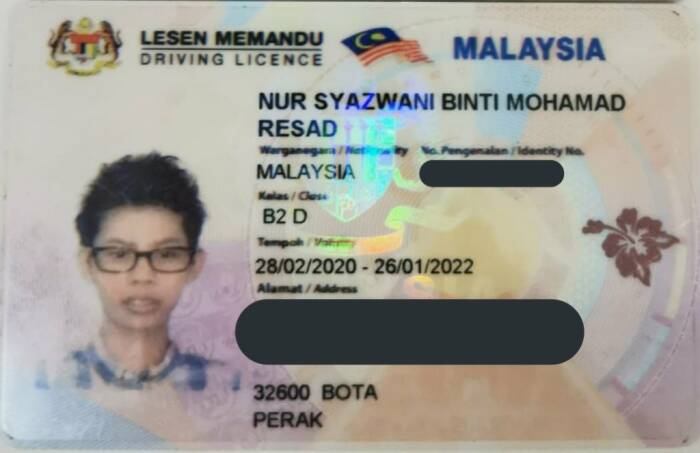Identitas izin mengemudi milik Nur Syazwani Binti Mohamad Resad disebar netizen di Twitter. (Twitter)