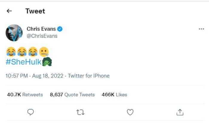 Tangkapan layar akun Twitter Chris Evans soal episode pertama She-Hulk. (Twitter/Tangkapan Layar).