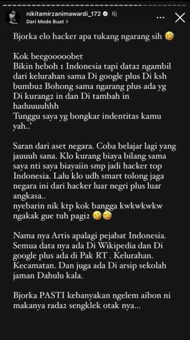 Nikita Mirzani mau sekolahkan Bjorka (Instagram/nikitamirzanimawardi_172) Nikita Mirzani mau sekolahkan Bjorka