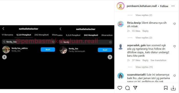 Nathalie Holscher kecewa diunfollow Ferdi (Instagram/pembasmi.kehaluan.reall) diunfollow