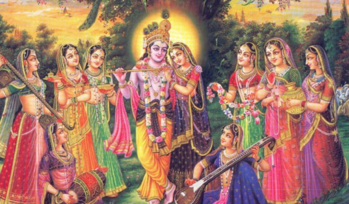 Ilustrasi Dewa Krishna dan para istrinya (Vedic Feed)