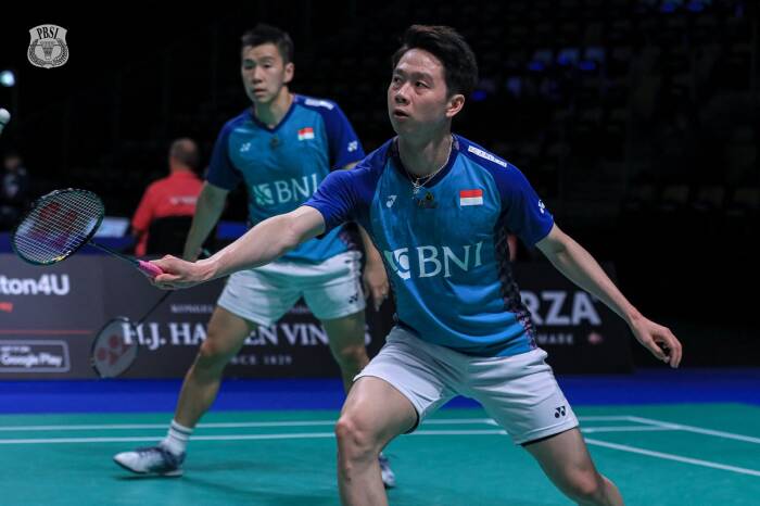 Marcus Fernaldi Gideon/Kevin Sanjaya Sukamuljo beraksi (Twitter/@INABadminton) Marcus Fernaldi Gideon/Kevin Sanjaya Sukamuljo