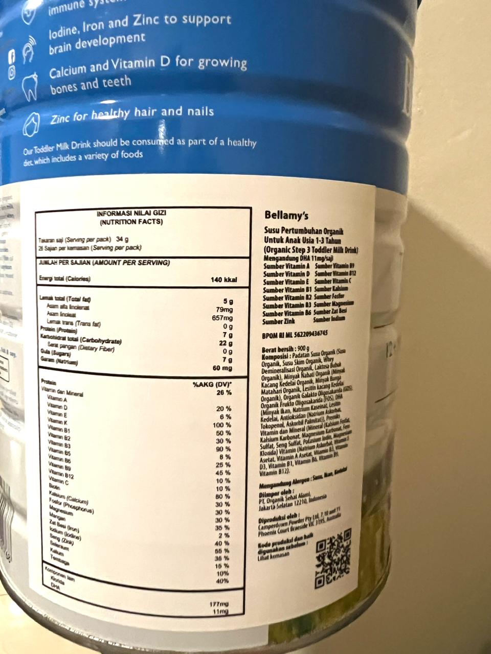Kandungan nutrisi yang tercantum dalam kemasan susu formula Bellamy