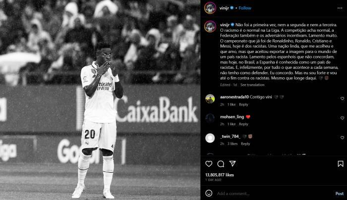 Unggahan Vinicius Jr di Instagram-nya terkait rasisme. (Screenshot/Instagram/@vinijr)