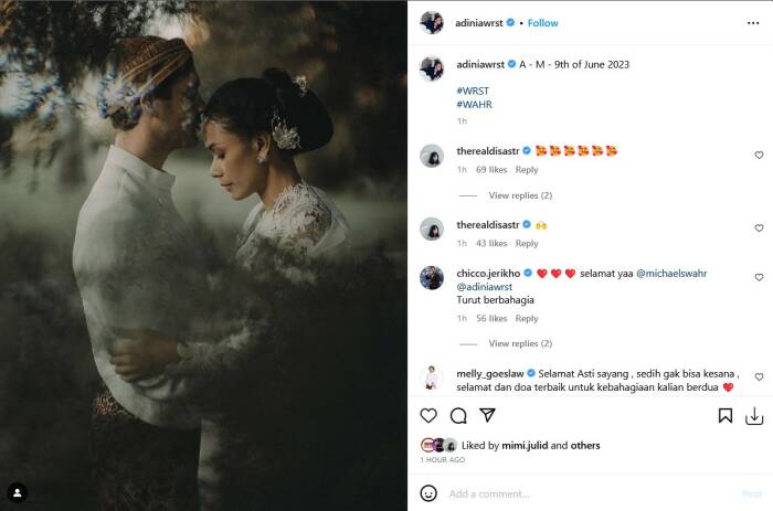 Adinia Wirasti resmi menikah dengan Michael Wahr (Instagram/adiniawrst)